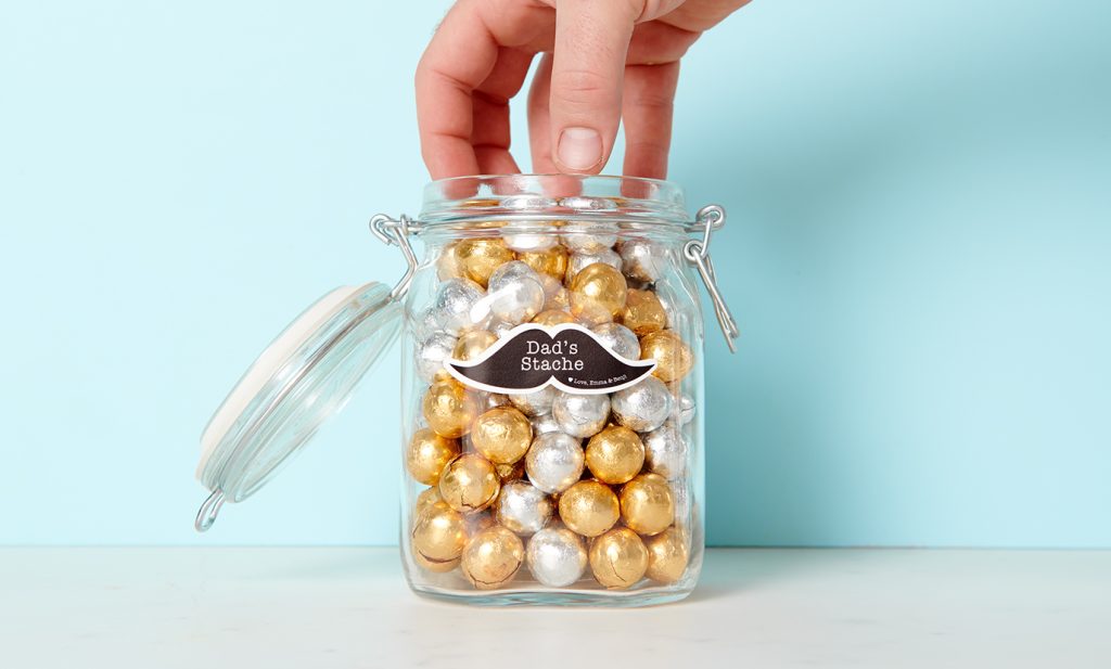 Dad's Stache Mustache Candy Jar Craft for Father's Day Gift. Father's Day Gift Ideas in Mason Jars. Homemade Father's Day Crafts.  Kid's Crafts for Father's Day. Easy Father's Day Crafts with Mason Jars. Mason Jar Crafts. Mason Jar Kid's Crafts.
