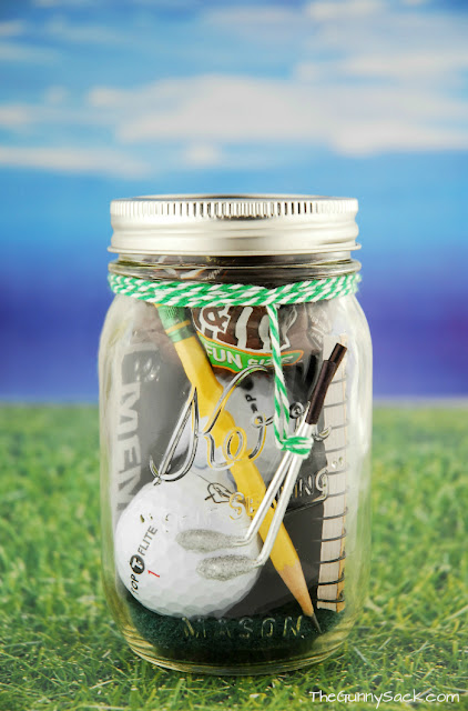 Golf Mason Jar for Father's Day. Father's Day Gift Ideas in Mason Jars. Homemade Father's Day Crafts.  Kid's Crafts for Father's Day. Easy Father's Day Crafts with Mason Jars. Mason Jar Crafts. Mason Jar Kid's Crafts.