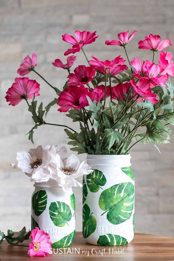 Tropical Leaf Decoupage Mason Jars. Summer Mason Jar Crafts. Kid's Craft for Summer with Mason Jars. Coastal Mason Jar Ideas. Painted Mason Jars for Summer. Mason Jar Planters. Twine Wrapped Mason Jar Crafts. Firefly Mason Jars. Mason Jar Votives for Summer.