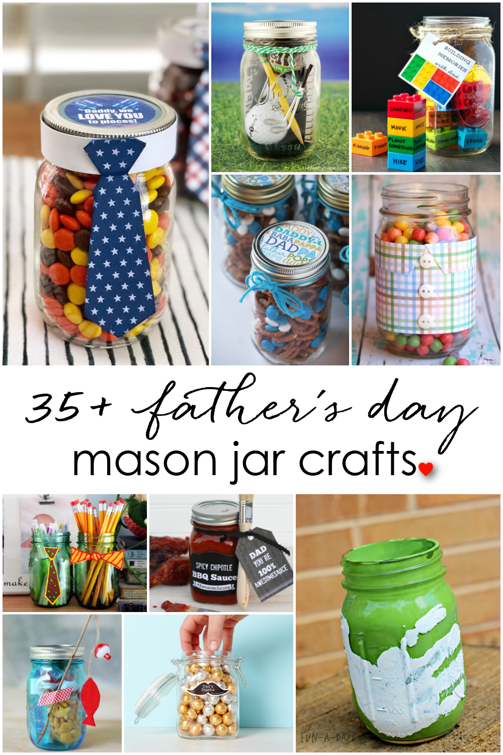 Father's Day Gift Ideas in Mason Jars. Homemade Father's Day Crafts.  Kid's Crafts for Father's Day. Easy Father's Day Crafts with Mason Jars. Mason Jar Crafts. Mason Jar Kid's Crafts.