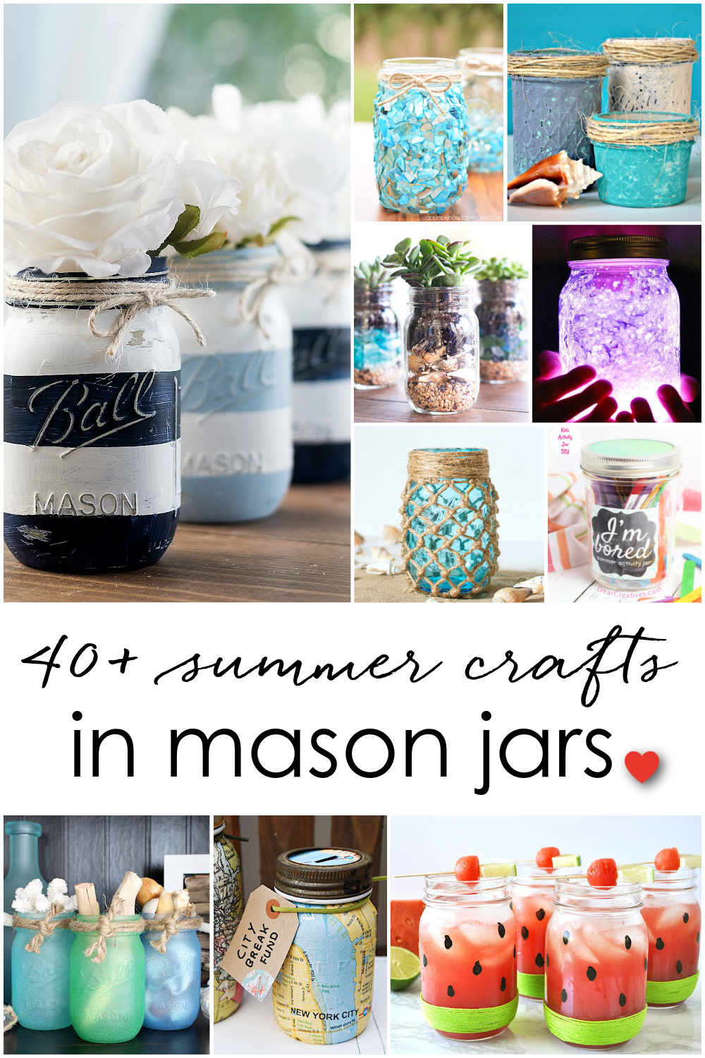 Summer Mason Jar Crafts. Kid's Craft for Summer with Mason Jars. Coastal Mason Jar Ideas. Painted Mason Jars for Summer. Mason Jar Planters. Twine Wrapped Mason Jar Crafts. Firefly Mason Jars. Mason Jar Votives for Summer.