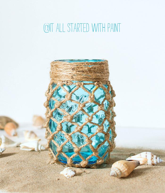 Fishnet Wrapped Mason Jar. Twine Wrapped Mason Jar. Beachy Mason Jar. Summer Mason Jar Crafts. Kid's Craft for Summer with Mason Jars. Coastal Mason Jar Ideas. Painted Mason Jars for Summer. Mason Jar Planters. Twine Wrapped Mason Jar Crafts. Firefly Mason Jars. Mason Jar Votives for Summer.