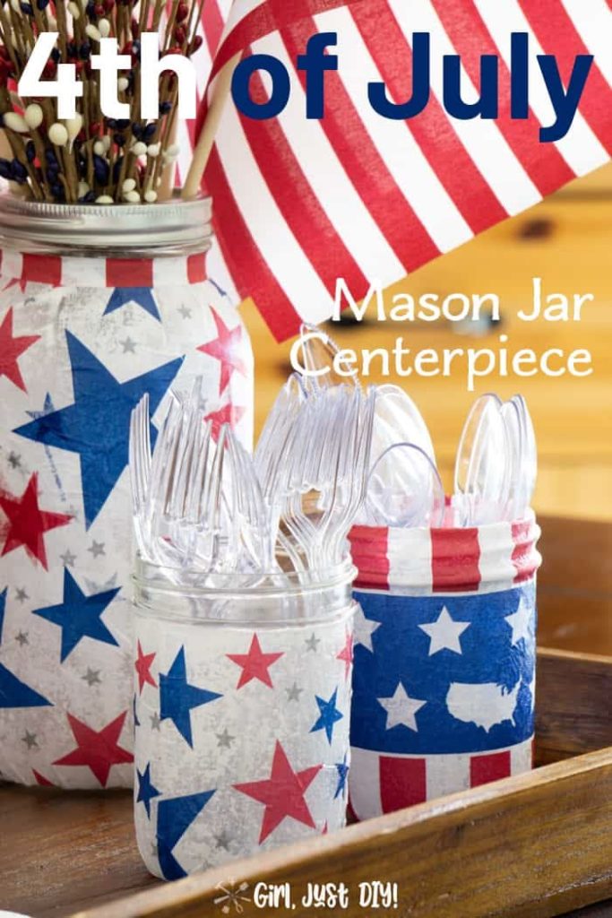 Mason Jar Centerpiece and Utensil Holder for Fourth of July. Fourth of July Mason Jar Crafts and Decor Ideas. Red, White and Blue Mason Jars. Patriotic Mason Jars. Semiquincentennial Mason Jars to Celebrate 4th of July. July 4 Decor Ideas with Mason Jars. Mason Jar Kid's Crafts for July 4th.