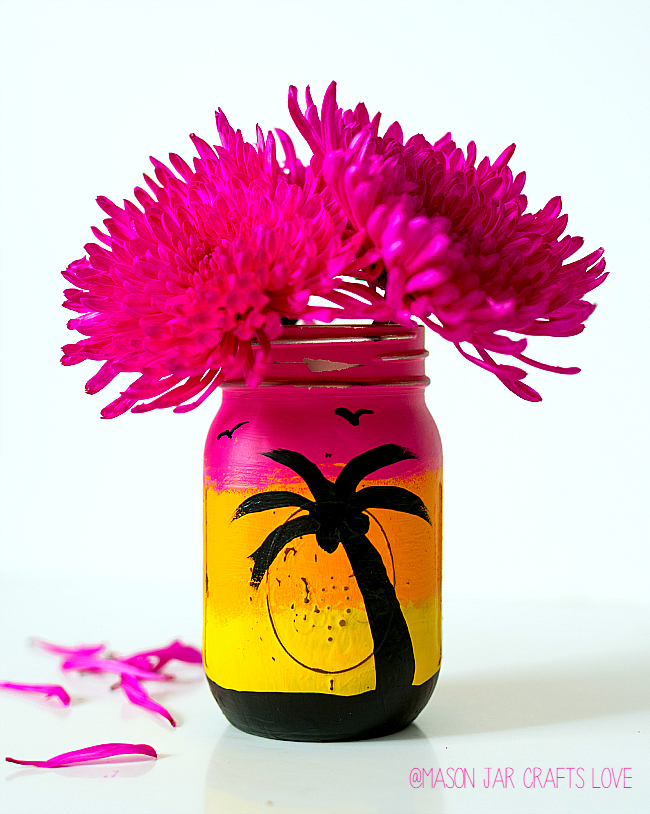 Tropical Sunset Painted on Mason Jar for Summer. Summer Mason Jar Crafts. Kid's Craft for Summer with Mason Jars. Coastal Mason Jar Ideas. Painted Mason Jars for Summer. Mason Jar Planters. Twine Wrapped Mason Jar Crafts. Firefly Mason Jars. Mason Jar Votives for Summer.