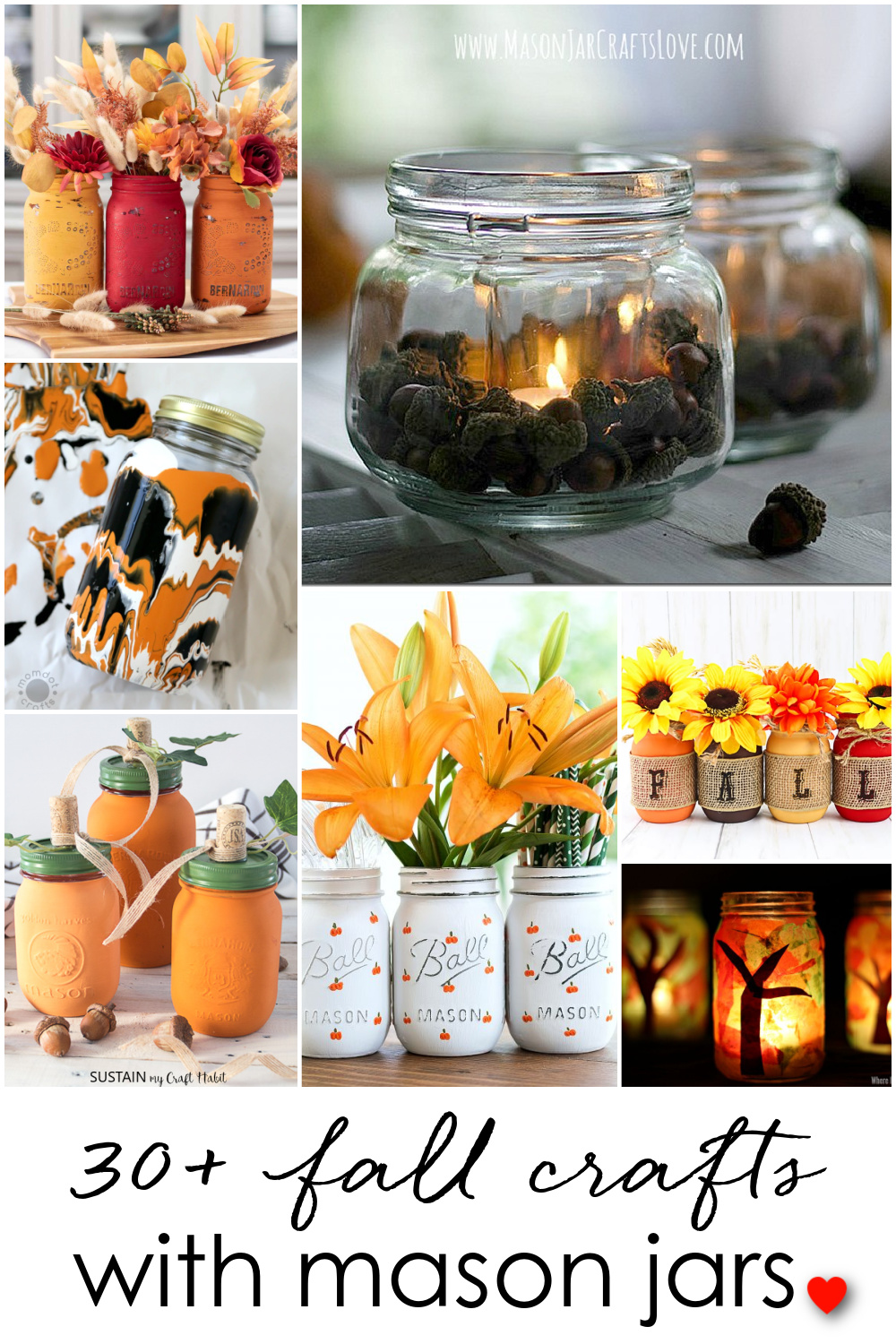 Mason Jar Crafts for Fall. 30+ Craft Idea for Autumn. Crafts for Fall with Mason Jars. Mason Jar Autumn Crafts. Painted Mason Jars for Fall. Mason Jar Votives for Fall. Pumpkin Mason Jar Crafts for Fall.